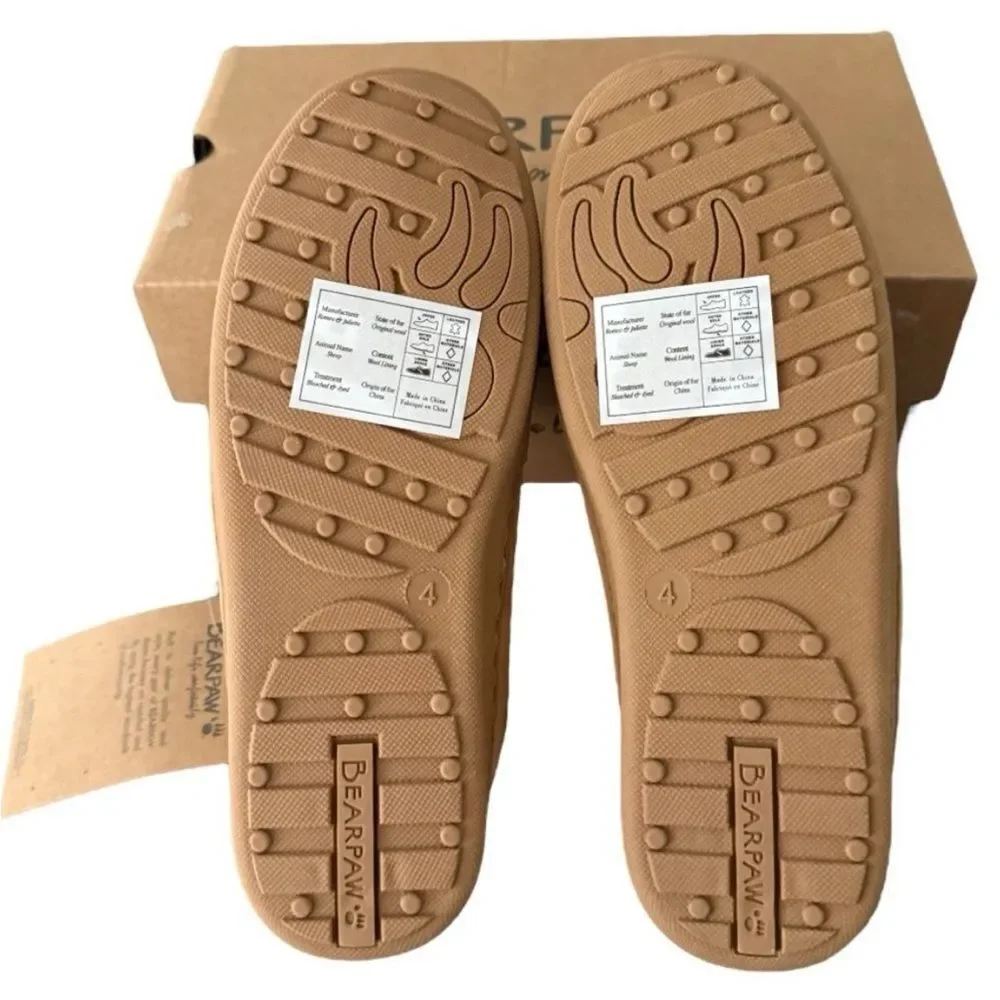 BEARPAW Jamie Youth Moccasin Loafers Suede Wool Lined Iced Coffee Size 4 NIB